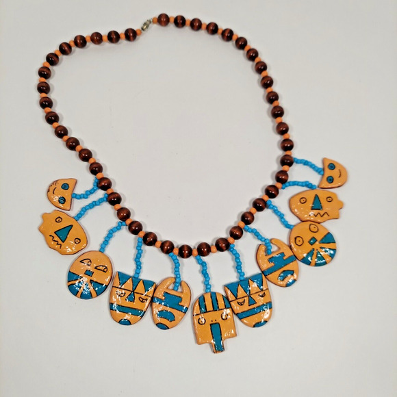 Vtg Hand Painted Wood Face Charm Necklace Southwest Tribal Mask Boho Bead Dangle - Picture 4 of 16